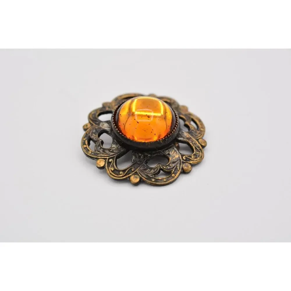 Vintage Cabochon Clip Earrings Round Orange Jelly Antiqued Brass Tone 80s BinAT